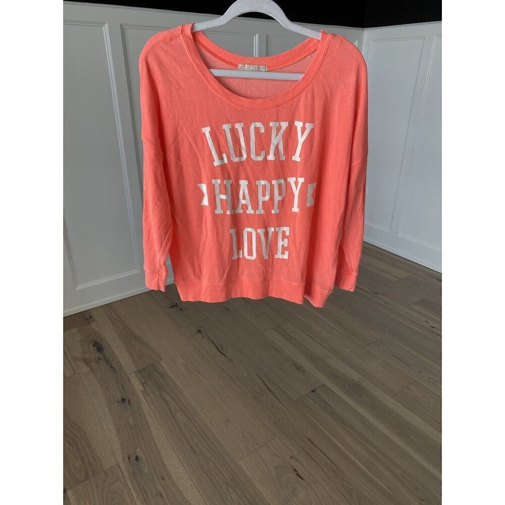 Forever 21 Womens Coral Lucky Happy Love French Terry Sweatshirt Size Medium